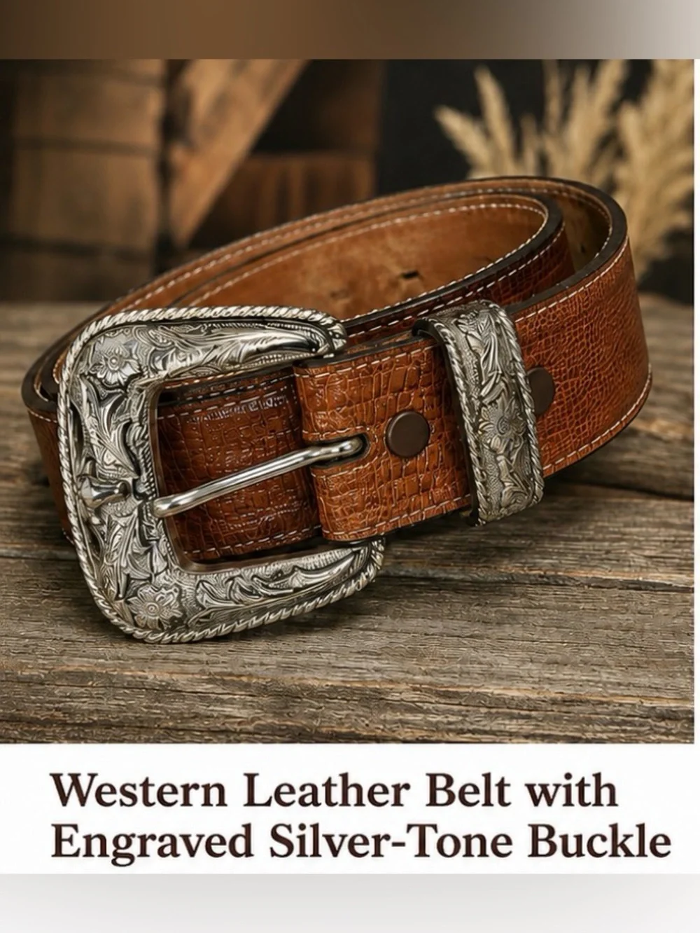 Western Lizard Grain cowhide Belt Silver-Tone Buckle Size 40